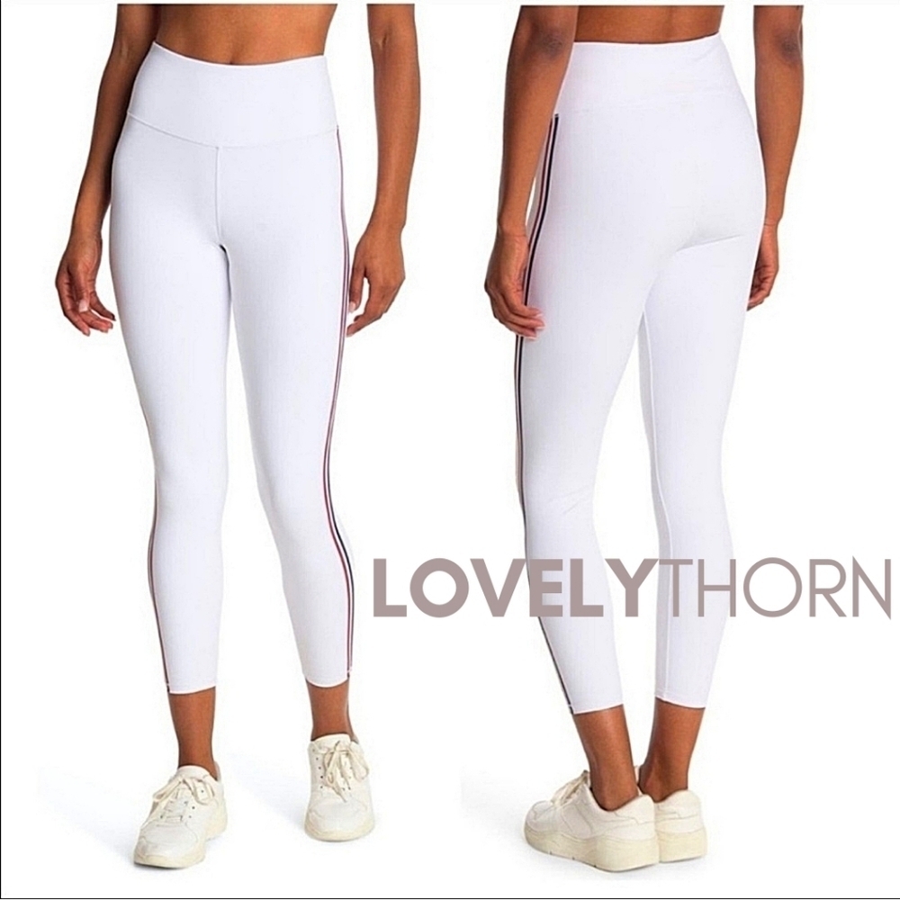GOOD AMERICAN // white high rise 7/8 leggings red & blue side stripes - Picture 3 of 9